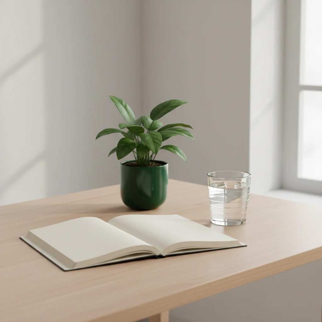 Rustige werkruimte met notitieboek, plant en een glas water op een houten bureau